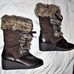 Wonderkids girls brown fur boots size 4 wedge heel
